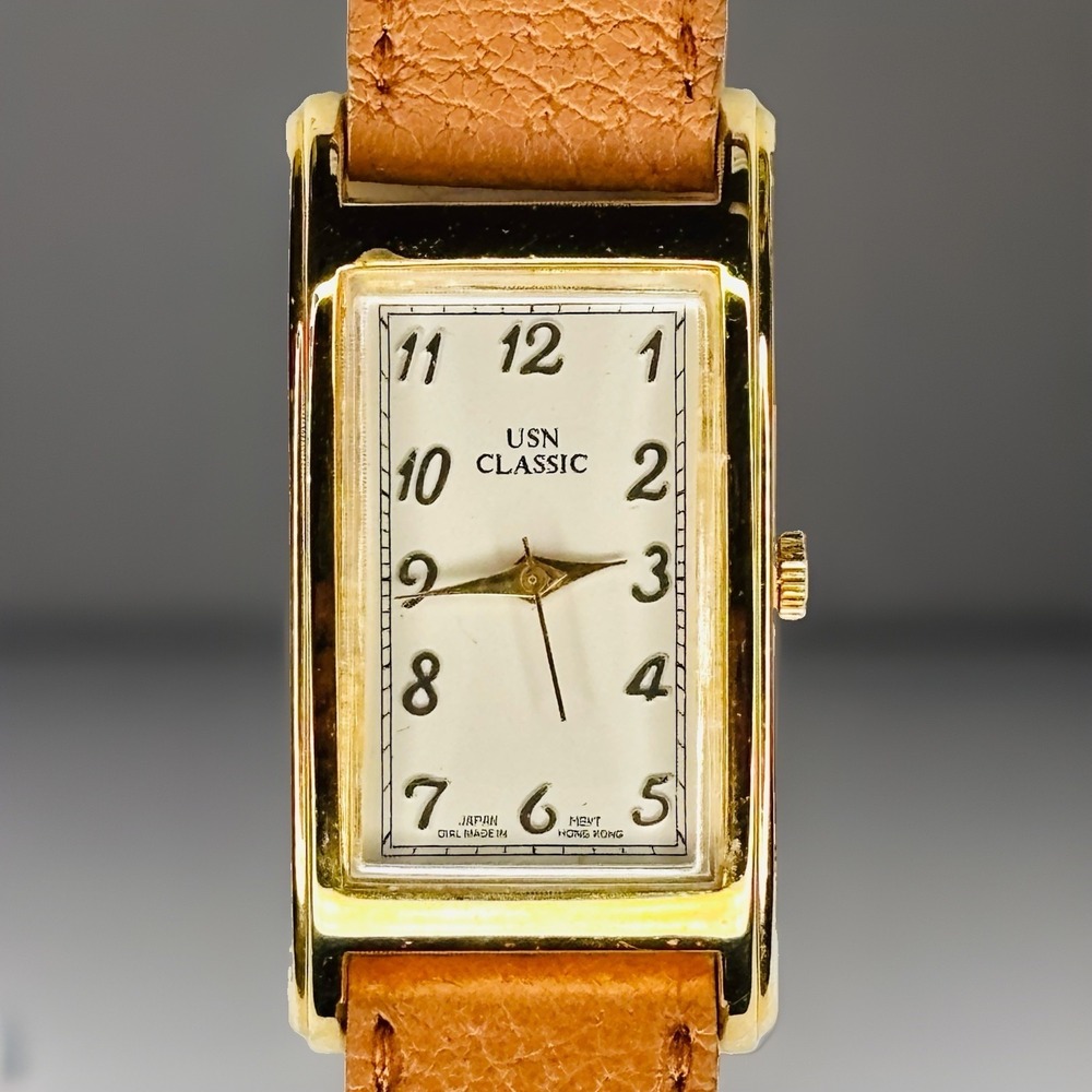 Y2K Classic Tank Watch Unisex Tan Gold Rectangular Leather Strap Vintage Style